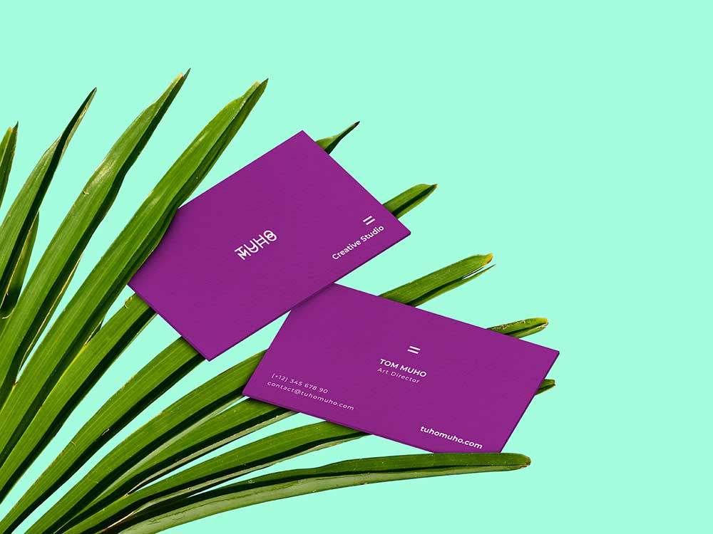 Two Sided Business Cards mockup on palm leaves by TUHOMUHO